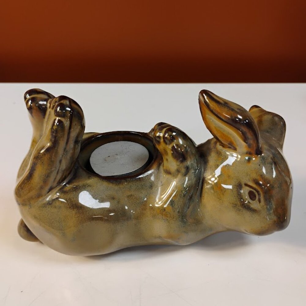 Vintage Ceramic Rabbit Tealight Candle Holder Hand Glazed Bunny Figurine